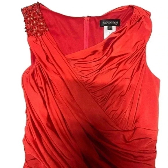 TADASHI SHOJI red rushed maxi dress with shoulder embellishment size S - Picture 2 of 5